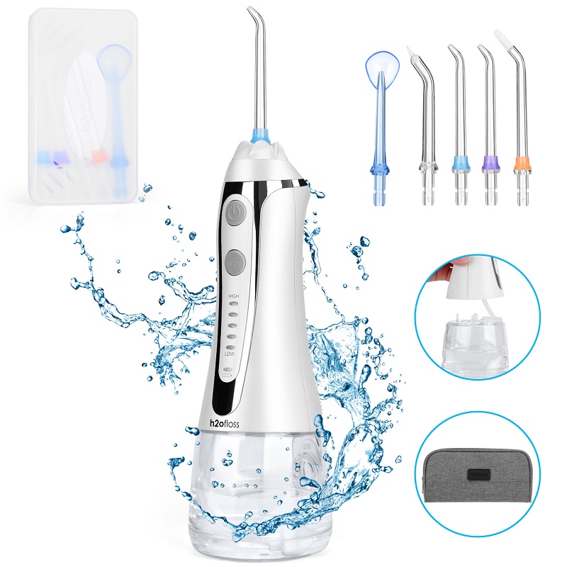 H2ofloss Water Flosser Professional -johdoton hammaslääkärin huuhtelulaite - kannettava ja ladattava IPX7-vedenpitävä vesikierto hammasten puhdistukseen, 300 ml säiliö kotiin ja matkoille (HF-2)